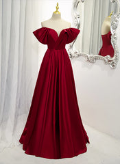 Prom Dresses Princess, Wine Red Satin A-line Floor Length Party Dresses, Burgundy Long Formal Dresses