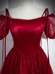 Small Wedding Ideas, Wine Red Satin and Tulle Straps Long Prom Dress, Wine Red Off Shoulder Party Dress