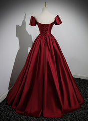 Bridesmaid Dresses Under 107, Wine Red Satin Long Party Dress, Off Shoulder Sweetheart Floor Length Prom Dress