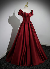 Bridesmaid Dresses Affordable, Wine Red Satin Long Party Dress, Off Shoulder Sweetheart Floor Length Prom Dress