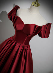 Bridesmaid Dress Online, Wine Red Satin Long Party Dress, Off Shoulder Sweetheart Floor Length Prom Dress