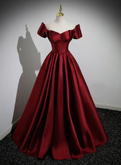 Bridesmaid Dresses Different Styles, Wine Red Satin Long Party Dress, Off Shoulder Sweetheart Floor Length Prom Dress