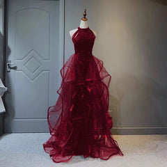 Party Dresses Near Me, Wine Red Sequins and Tulle Halter Long Prom Dress, Wine Red Evening Dress