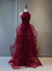 Party Dress Near Me, Wine Red Sequins and Tulle Halter Long Prom Dress, Wine Red Evening Dress