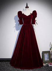 Party Dress A Line, Wine Red Short Sleeves A-line Long Party Dress, Wine Red Bridesmaid Dress