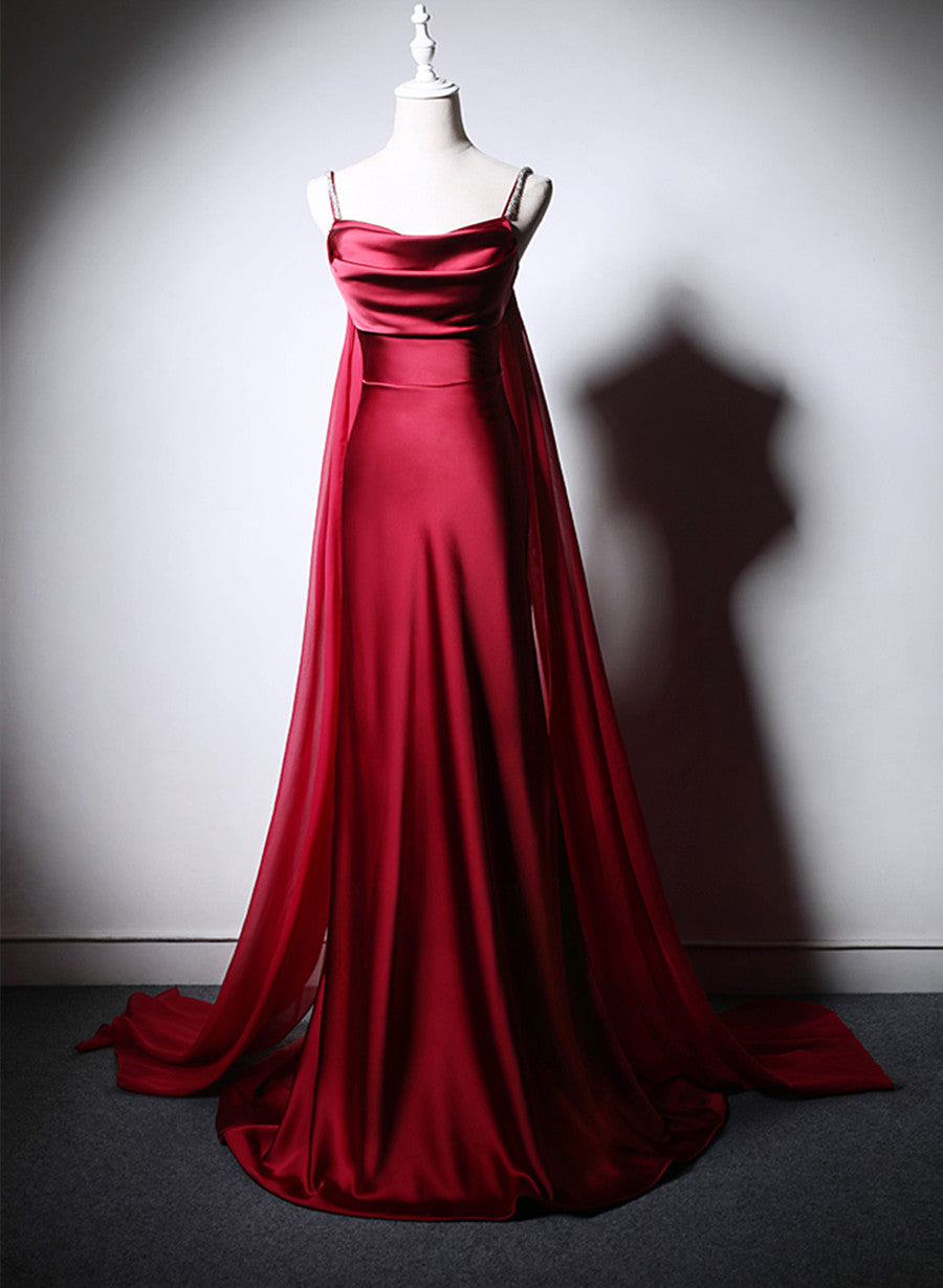 Party Dress Styling Ideas, Wine Red Soft Satin Long Straps Long A-line Prom Dress, Wine Red Evening Dress