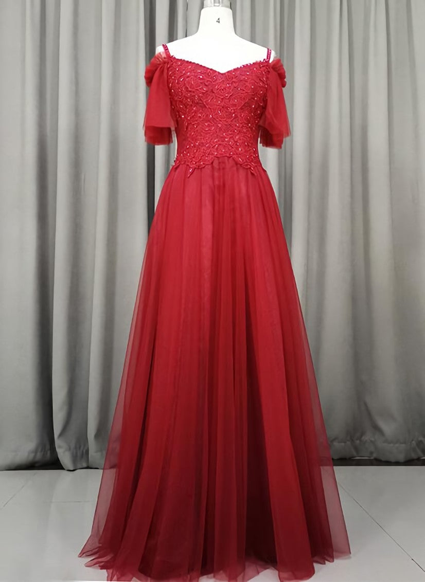Evening Dresses With Sleeves, Wine Red Tulle Long Party Dress, Handmade Prom Dress