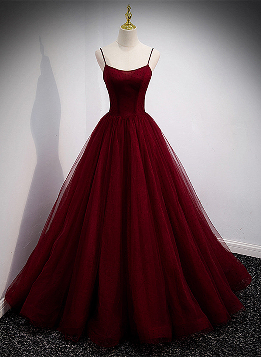 Party Dress Outfits, Wine Red Tulle Straps Long Evening Dress Party Dress,Wine Red Prom Dress