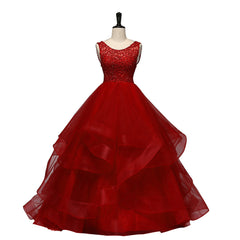 Party Dress Designs, Wine Red Tulle with Lace Layers Ball Gown Sweet 16 Dress, Long Formal Dress Prom Dress