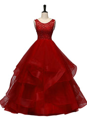 Party Dress Design, Wine Red Tulle with Lace Layers Ball Gown Sweet 16 Dress, Long Formal Dress Prom Dress