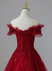 Formal Dresses On Sale, Wine Red Tulle with Sequins and Lace Party Dress, Wine Red A-line Prom Dress