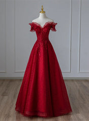 Formal Dresses Black, Wine Red Tulle with Sequins and Lace Party Dress, Wine Red A-line Prom Dress