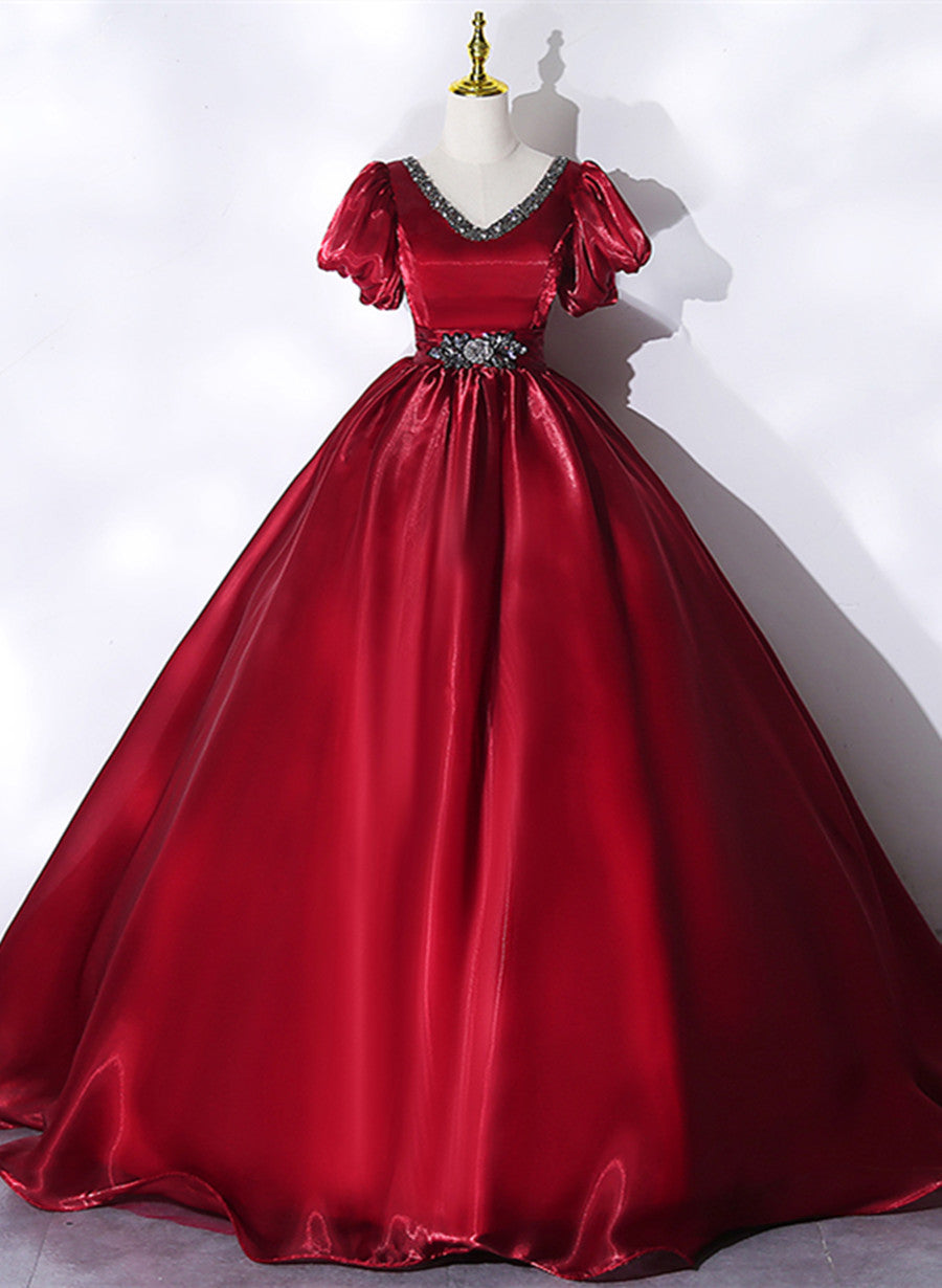 Party Dresses Purple, Wine Red V-neckline Beaded Ball Gown Prom Dress, Wine Red Sweet 16 Dress