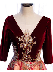 Formal Dresses Outfits, Wine Red Velvet 1/2 Sleeves Long Party Dress with Lace, A-line Junior Prom Dress