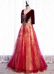 Formal Dress Outfit, Wine Red Velvet 1/2 Sleeves Long Party Dress with Lace, A-line Junior Prom Dress