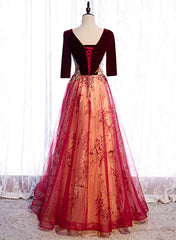Formal Dressing Style, Wine Red Velvet 1/2 Sleeves Long Party Dress with Lace, A-line Junior Prom Dress
