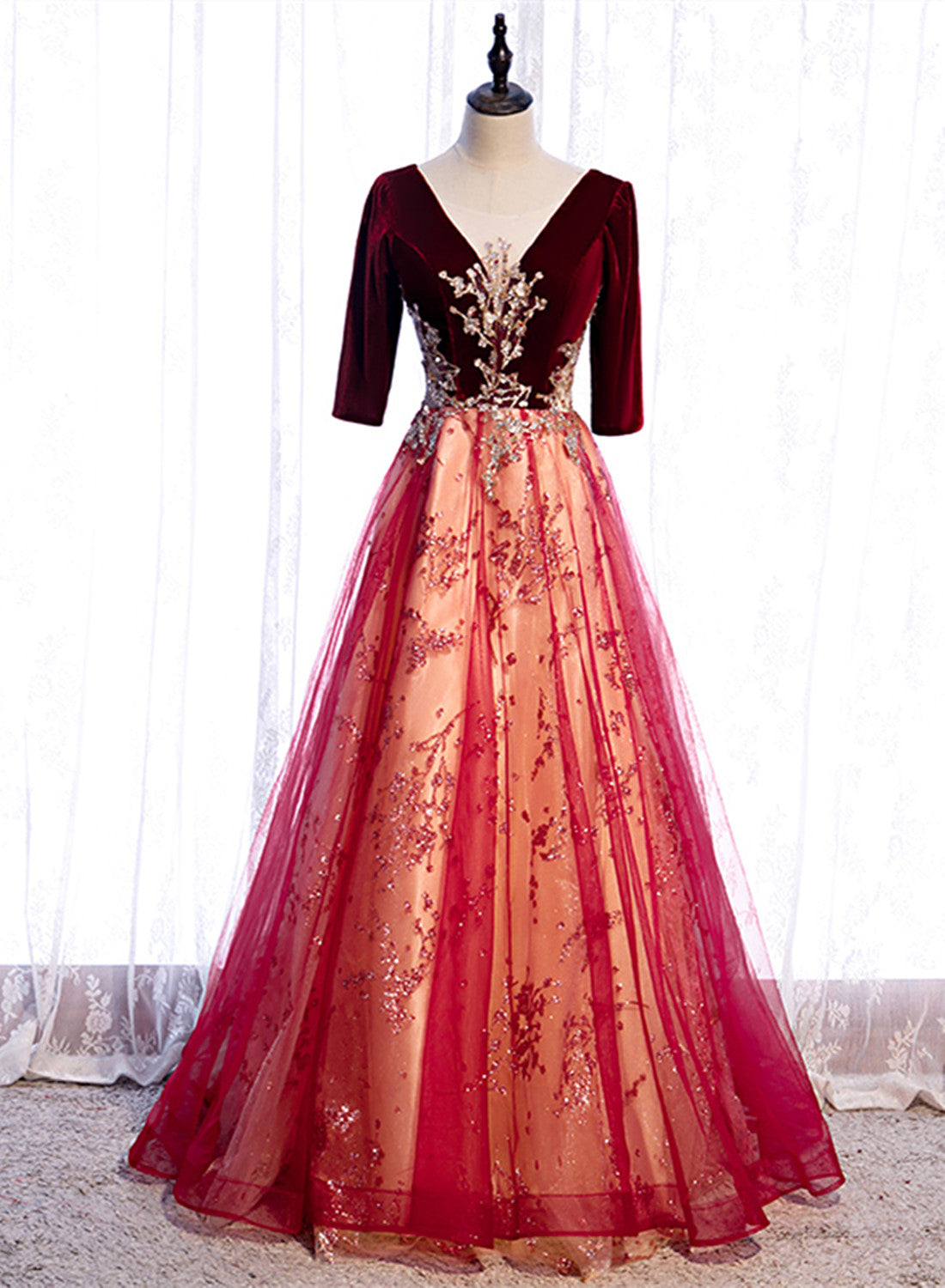 Formal Dresses Outfit, Wine Red Velvet 1/2 Sleeves Long Party Dress with Lace, A-line Junior Prom Dress