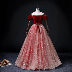 Formal Dress Long Elegant, Wine Red Velvet and Pink Tulle Off Shoulder Formal Dress, Pink Sweet 16 Dresses