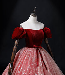 Formal Dress Vintage, Wine Red Velvet and Pink Tulle Off Shoulder Formal Dress, Pink Sweet 16 Dresses