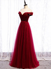Formal Dresses For Wedding Guests, Wine Red Velvet and Tulle Long Prom Dress, A-line Wine Red Floor Length Prom Dress