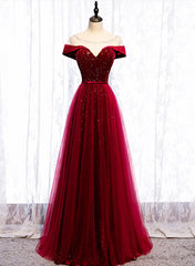 Formal Dress Off The Shoulder, Wine Red Velvet and Tulle Long Prom Dress, A-line Wine Red Floor Length Prom Dress