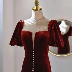 Formal Dresses For Ladies Over 57, Wine Red Velvet Long Round Neckline Party Dress, Wine Red Prom Dresses