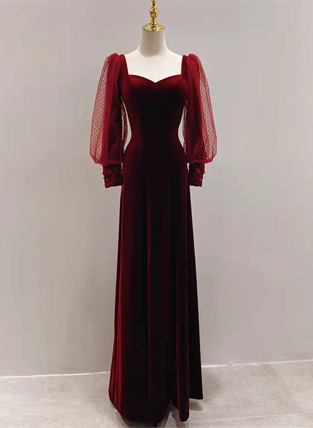 Formal Dresses Truworths, Wine Red Velvet Long Sleeves Floor Length Bridesmaid Dress, Wine Red Long Prom Dress