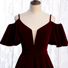 Party Dresses Online Shopping, Wine Red Velvet Off Shoulder Floor Length Party Dress, Velvet Junior Prom Dress