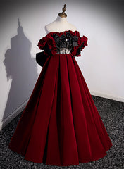 Bridesmaid Dress Fall Wedding, Wine Red Velvet Off Shoulder Party Dress, A-line Floor Length Prom Dress