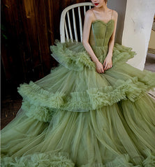 Party Dress Nye, Princess Spaghetti Straps Green Tulle Long  Dress A line Tiered Formal Dress