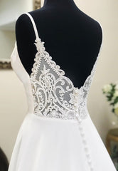 Prom Dress Inspiration, White V-Neck Long Prom Dresses, A-Line Lace Evening Dresses