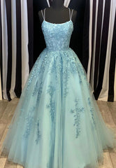 Prom Dress 2043, Blue Lace Long Prom Dresses, A-Line Formal Evening Dresses