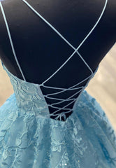 Bridesmaid Propos, Blue Lace Long Prom Dresses, A-Line Formal Evening Dresses