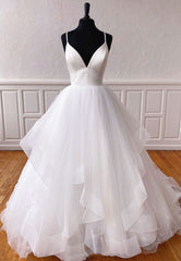 Mermaid Wedding Dress, Plunging V-Neck Tulle Long Prom Dresses, White Evening Dresses