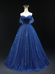 Bridesmaid Dress Long, Beautiful Blue Tulle Floor Length Prom Dress, A-Line Off the Shoulder Princess Dress Evening Dress