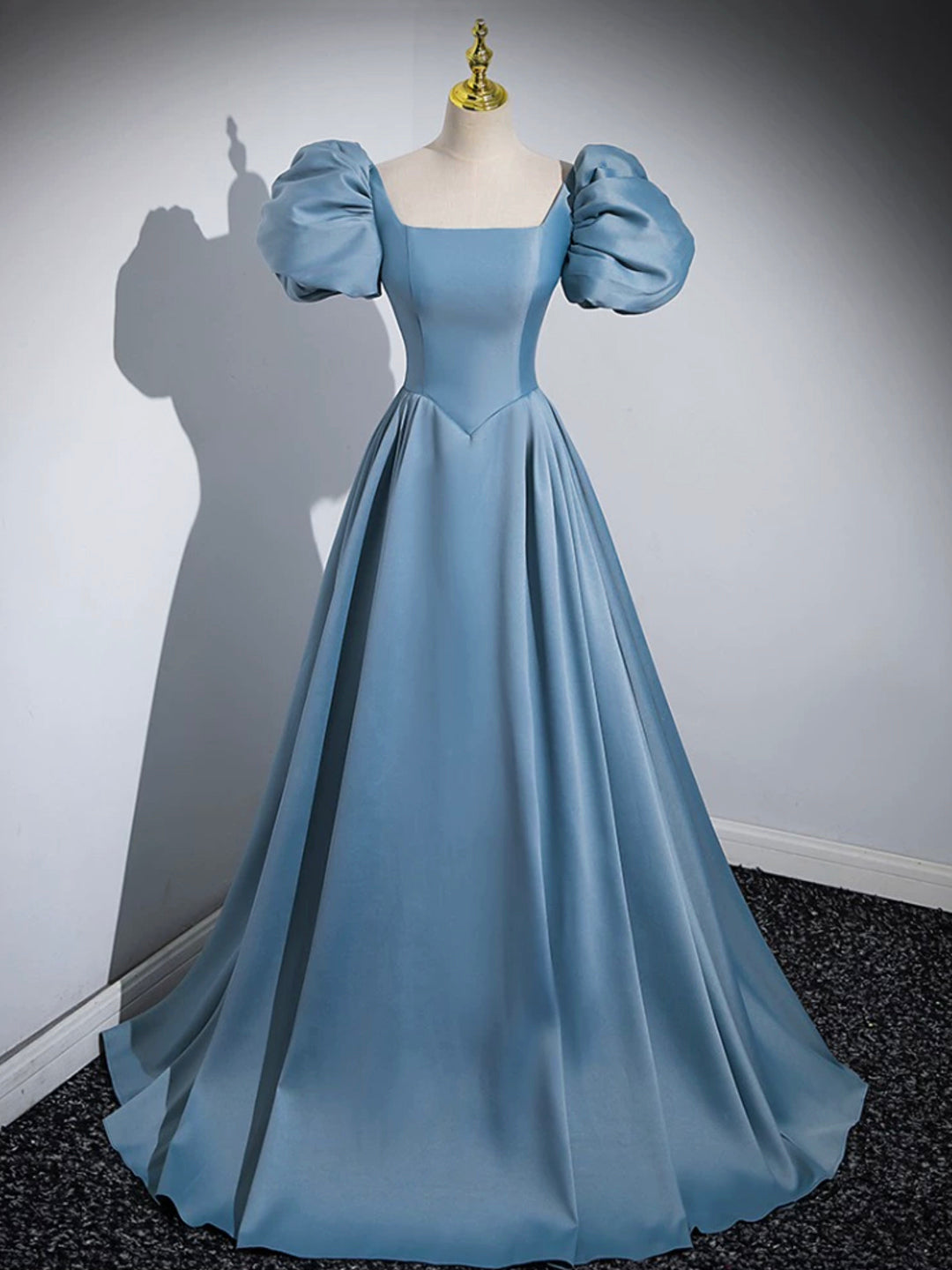 Flower Girl, Blue Puff Sleeve Satin Floor Length Prom Dress, Blue A-Line Evening Party Dress