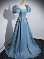 Bride Dress, Blue Puff Sleeve Satin Floor Length Prom Dress, Blue A-Line Evening Party Dress