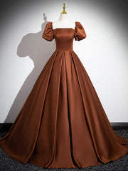 On Shoulder Dress, Brown Satin Floor Length Prom Dress , Off the Shoulder A-Line Evening Dress