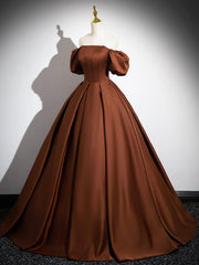 Cute Summer Dress, Brown Satin Floor Length Prom Dress , Off the Shoulder A-Line Evening Dress