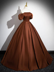 Homecoming, Brown Satin Floor Length Prom Dress , Off the Shoulder A-Line Evening Dress