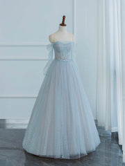 Prom Dress Inspiration, Dusty Blue Tulle Sequins Long Prom Dress, Off the Shoulder Long Sleeve Evening Party Dress