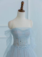 Prom Dress Shopping, Dusty Blue Tulle Sequins Long Prom Dress, Off the Shoulder Long Sleeve Evening Party Dress