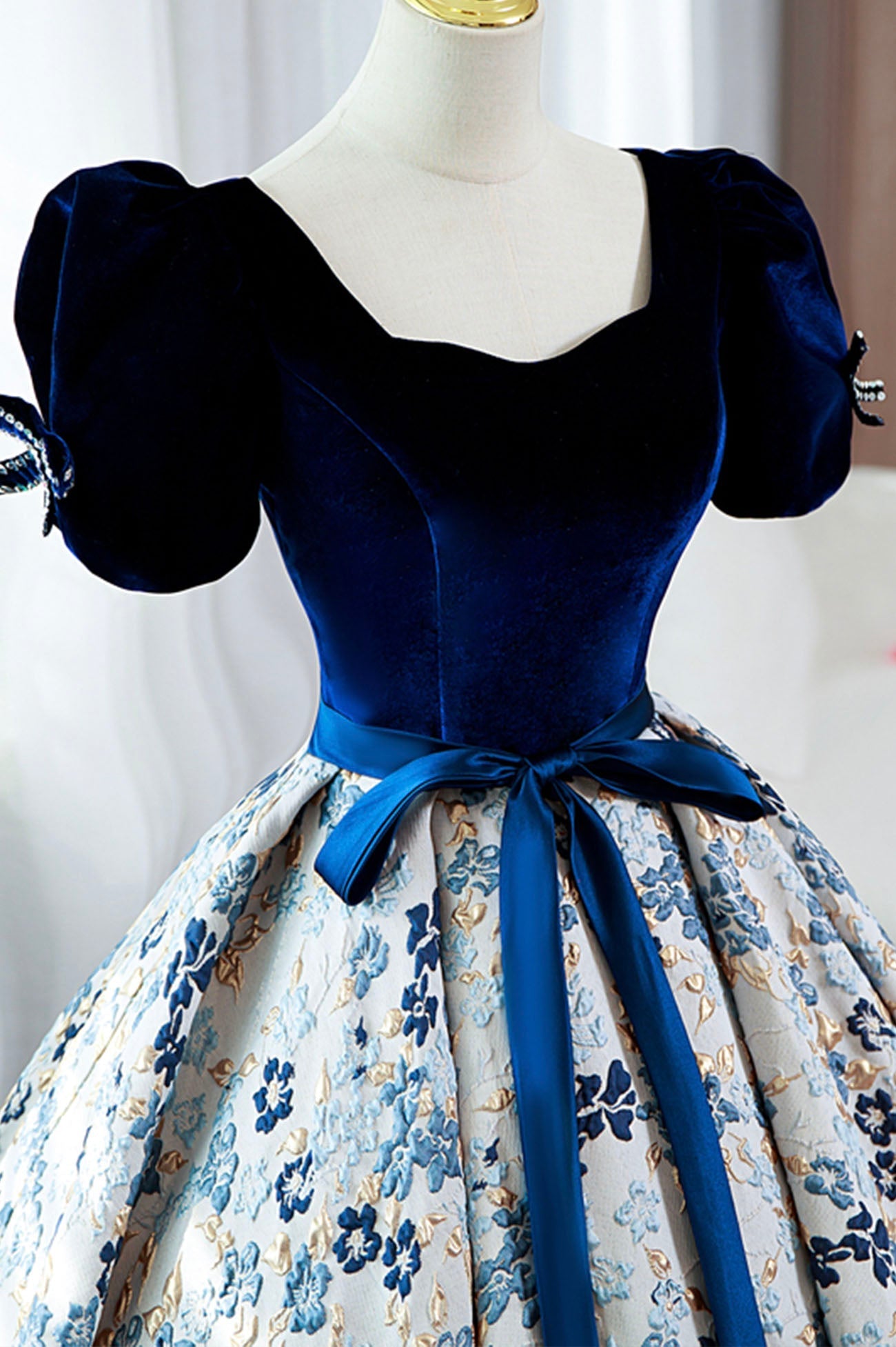 Party Dress Design, Blue Short Sleeve A-Line Floor Length Prom Dress, Blue Evening Dress