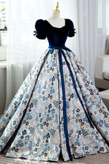 Party Dress Designs, Blue Short Sleeve A-Line Floor Length Prom Dress, Blue Evening Dress