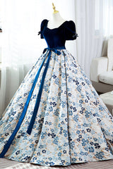 Party Dress Teens, Blue Short Sleeve A-Line Floor Length Prom Dress, Blue Evening Dress