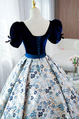 Party Dress Maxi, Blue Short Sleeve A-Line Floor Length Prom Dress, Blue Evening Dress