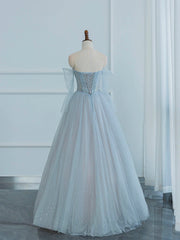 Prom Dress Shop, Dusty Blue Tulle Sequins Long Prom Dress, Off the Shoulder Long Sleeve Evening Party Dress