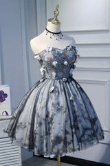 Prom Dresses Stores Near Me, Gray Short Strapless Tulle Prom Dress, Cute A-Line Party Dress