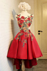 Bow Dress, A Line Red Appliques Lace High Low Lace Up Satin Scoop Homecoming Dresses