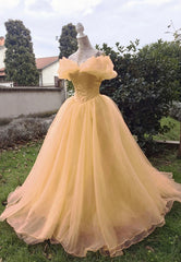 Prom 2045, Yellow Tulle Long Prom Dresses, A-Line Evening Dresses